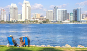 san diego skyline with a couple and their dogs