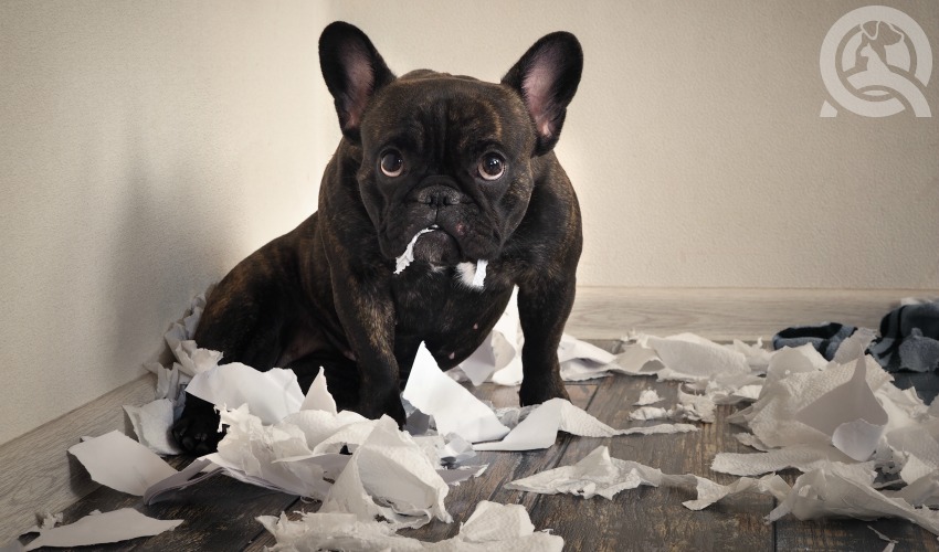 dog tearing up paper making a mess