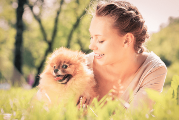 happy girl cuddling Pomeranian in grass