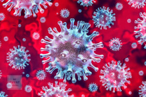 Coronavirus outbreak and coronaviruses influenza background as dangerous flu strain cases as a pandemic medical health risk concept with disease cells as a 3D render