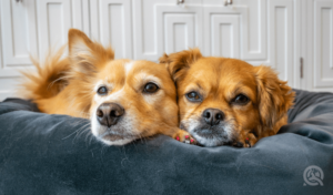 two dogs cuddling on cushion