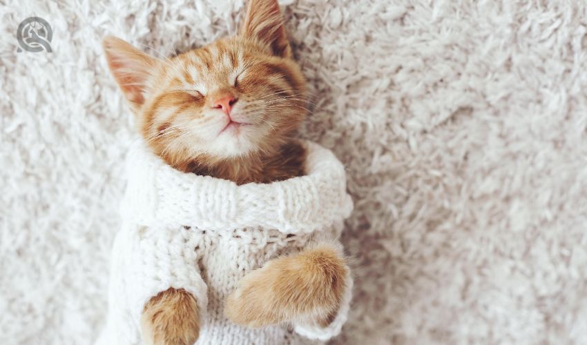 Cute little ginger kitten wearing warm knitted sweater is sleeping on the white carpet