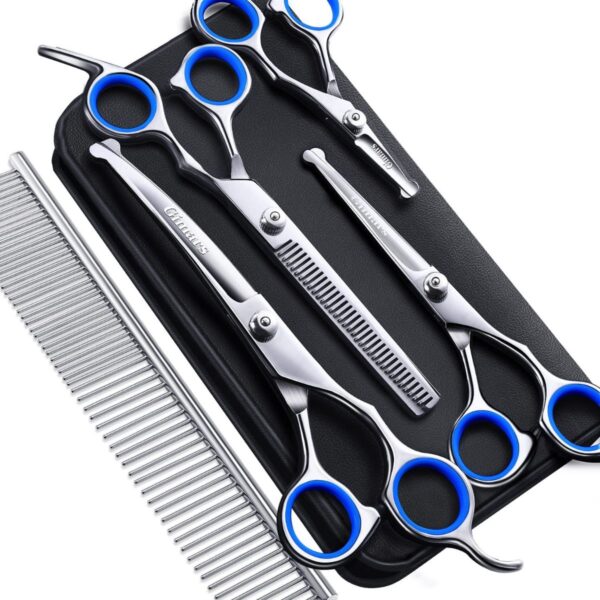 The best dog grooming tools Gimars 4CR Stainless Steel Safety Round Tip 6 in 1 Professional Dog Grooming Scissors Kit