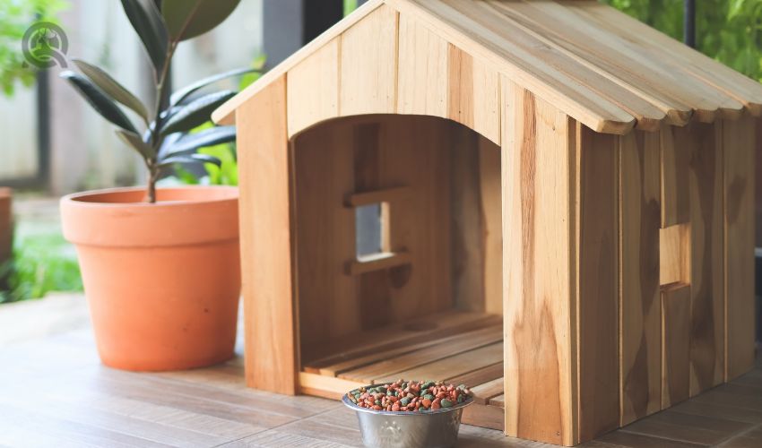 Empty wooden dog's house with dog food bowl in balcony decorated with houseplant in plant pot.