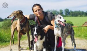 Owner on a walk with her dogs. Portarit of woman withe her dog pack in nature. Animal trainer