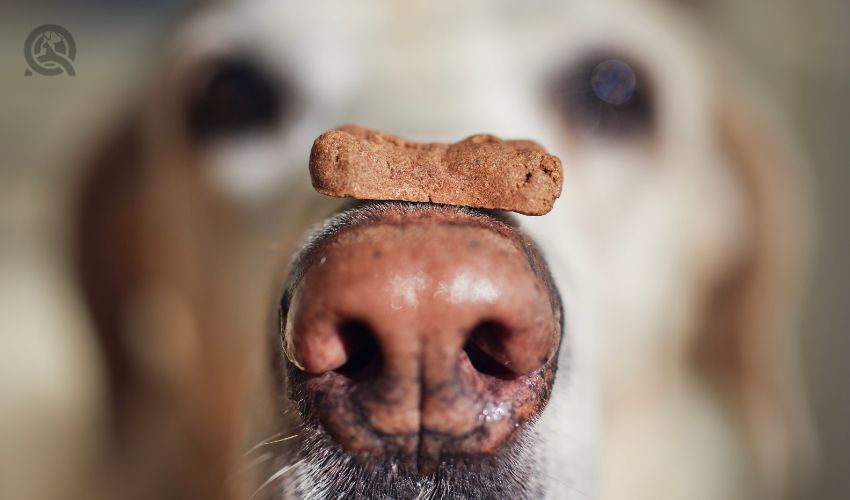 Close-up view of funny dog with biscuit. Labrador retriever balancing treat on his snout.