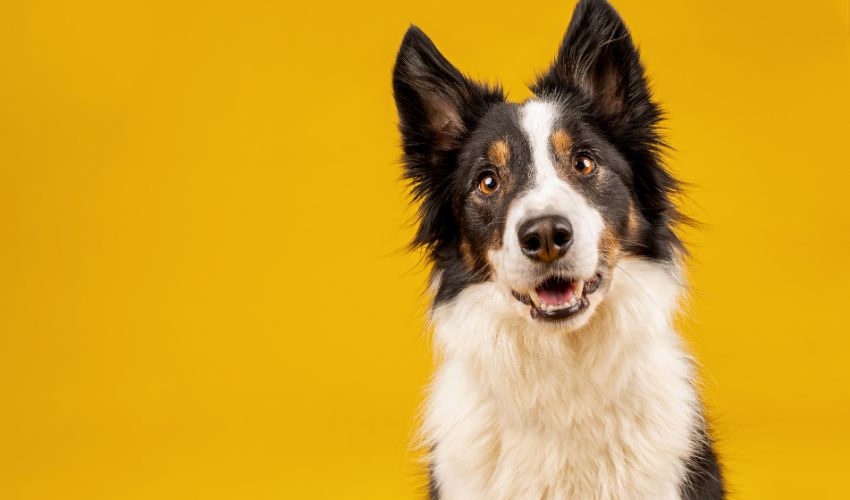 Happy Border Collie portrait with yellow background. Dog grooming business.